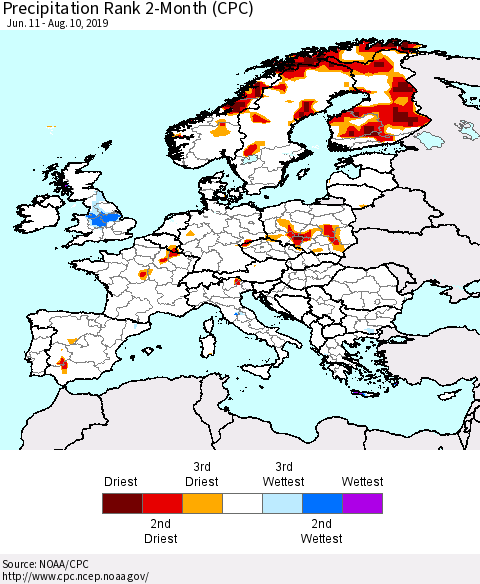 Europe Precipitation Rank since 1981, 2-Month (CPC) Thematic Map For 6/11/2019 - 8/10/2019