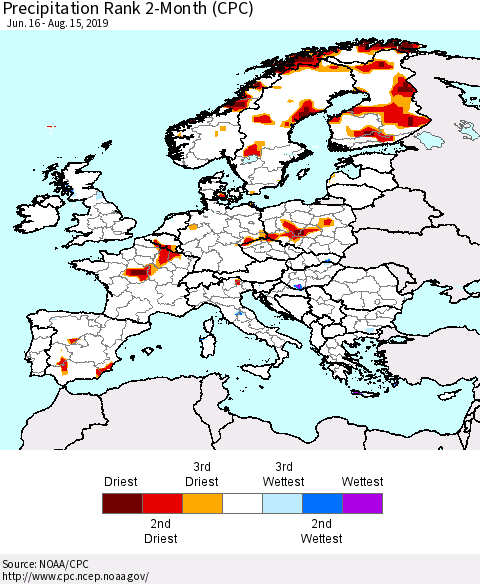 Europe Precipitation Rank 2-Month (CPC) Thematic Map For 6/16/2019 - 8/15/2019