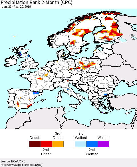 Europe Precipitation Rank 2-Month (CPC) Thematic Map For 6/21/2019 - 8/20/2019