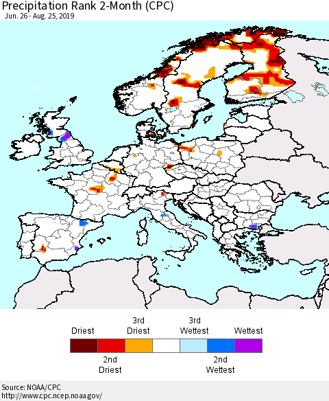 Europe Precipitation Rank 2-Month (CPC) Thematic Map For 6/26/2019 - 8/25/2019