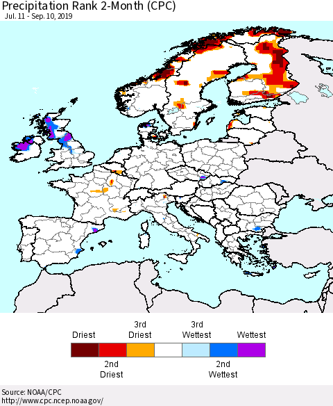 Europe Precipitation Rank 2-Month (CPC) Thematic Map For 7/11/2019 - 9/10/2019