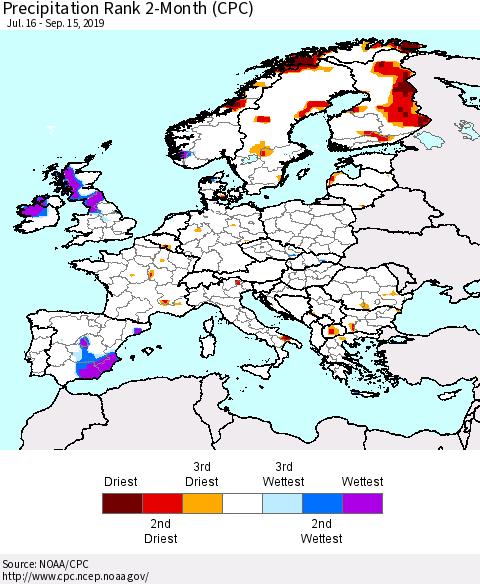 Europe Precipitation Rank 2-Month (CPC) Thematic Map For 7/16/2019 - 9/15/2019