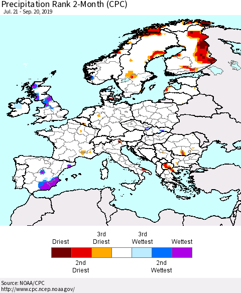 Europe Precipitation Rank 2-Month (CPC) Thematic Map For 7/21/2019 - 9/20/2019