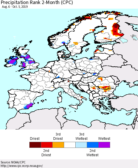 Europe Precipitation Rank 2-Month (CPC) Thematic Map For 8/6/2019 - 10/5/2019