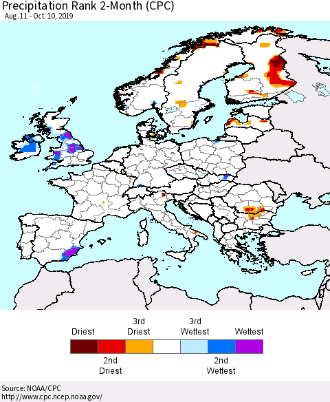 Europe Precipitation Rank 2-Month (CPC) Thematic Map For 8/11/2019 - 10/10/2019