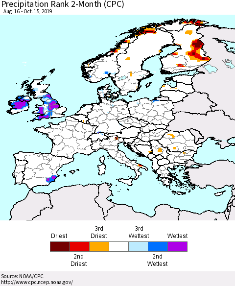 Europe Precipitation Rank since 1981, 2-Month (CPC) Thematic Map For 8/16/2019 - 10/15/2019
