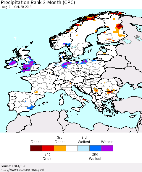 Europe Precipitation Rank since 1981, 2-Month (CPC) Thematic Map For 8/21/2019 - 10/20/2019