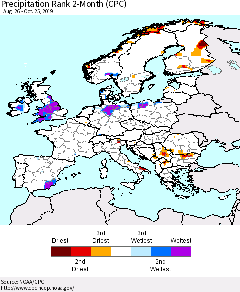 Europe Precipitation Rank 2-Month (CPC) Thematic Map For 8/26/2019 - 10/25/2019