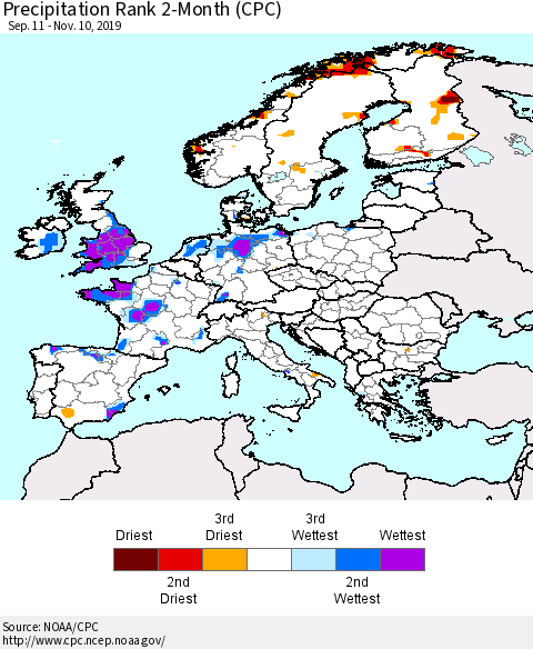 Europe Precipitation Rank 2-Month (CPC) Thematic Map For 9/11/2019 - 11/10/2019