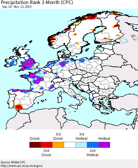 Europe Precipitation Rank since 1981, 2-Month (CPC) Thematic Map For 9/16/2019 - 11/15/2019