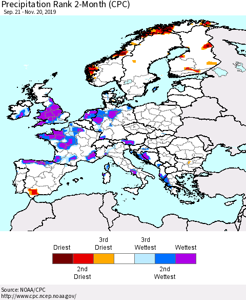Europe Precipitation Rank 2-Month (CPC) Thematic Map For 9/21/2019 - 11/20/2019