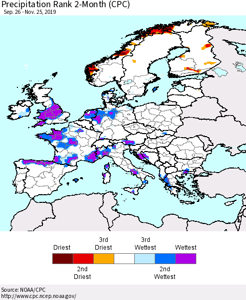 Europe Precipitation Rank since 1981, 2-Month (CPC) Thematic Map For 9/26/2019 - 11/25/2019