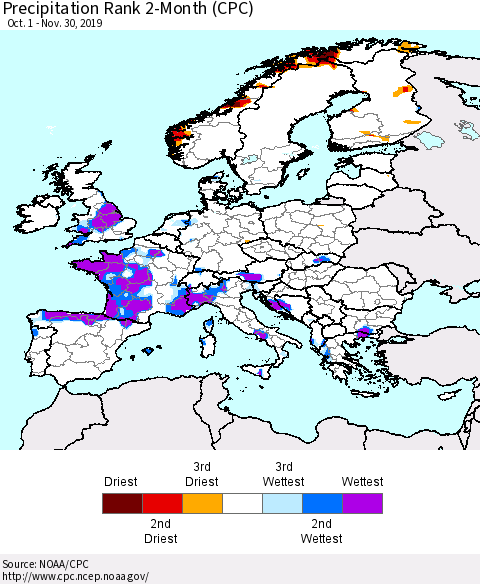 Europe Precipitation Rank 2-Month (CPC) Thematic Map For 10/1/2019 - 11/30/2019