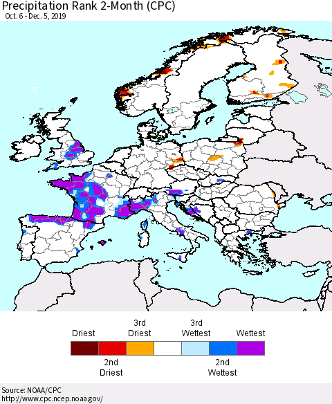 Europe Precipitation Rank 2-Month (CPC) Thematic Map For 10/6/2019 - 12/5/2019