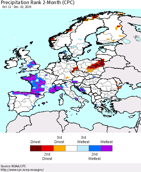 Europe Precipitation Rank 2-Month (CPC) Thematic Map For 10/11/2019 - 12/10/2019