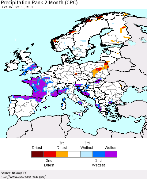 Europe Precipitation Rank 2-Month (CPC) Thematic Map For 10/16/2019 - 12/15/2019