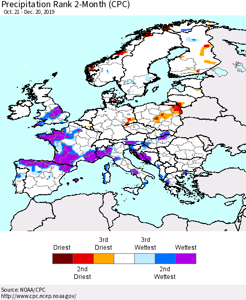 Europe Precipitation Rank 2-Month (CPC) Thematic Map For 10/21/2019 - 12/20/2019