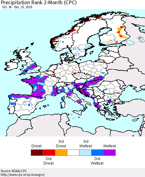 Europe Precipitation Rank 2-Month (CPC) Thematic Map For 10/26/2019 - 12/25/2019