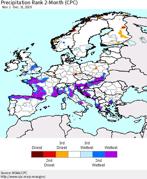 Europe Precipitation Rank since 1981, 2-Month (CPC) Thematic Map For 11/1/2019 - 12/31/2019