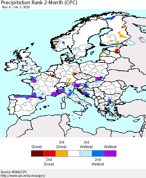 Europe Precipitation Rank 2-Month (CPC) Thematic Map For 11/6/2019 - 1/5/2020