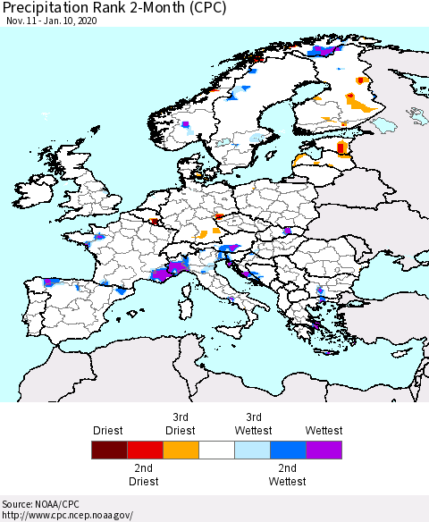 Europe Precipitation Rank 2-Month (CPC) Thematic Map For 11/11/2019 - 1/10/2020