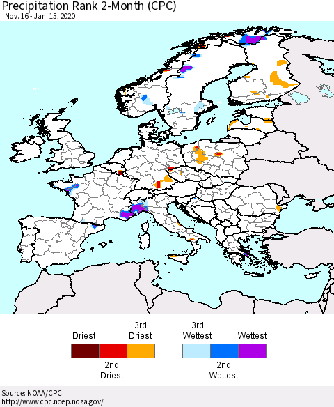 Europe Precipitation Rank 2-Month (CPC) Thematic Map For 11/16/2019 - 1/15/2020