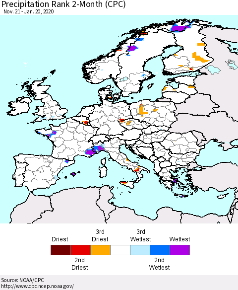 Europe Precipitation Rank since 1981, 2-Month (CPC) Thematic Map For 11/21/2019 - 1/20/2020