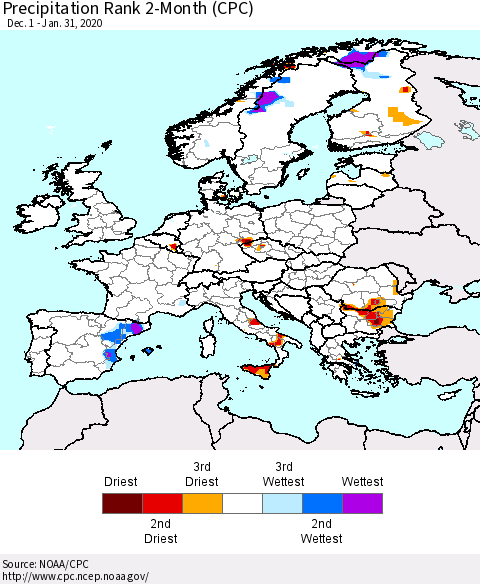 Europe Precipitation Rank since 1981, 2-Month (CPC) Thematic Map For 12/1/2019 - 1/31/2020
