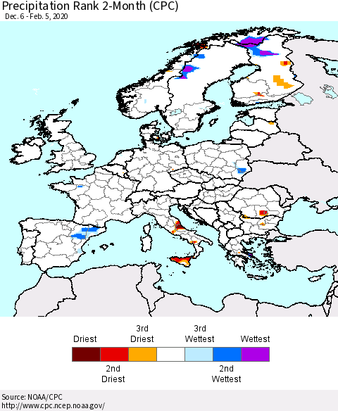 Europe Precipitation Rank 2-Month (CPC) Thematic Map For 12/6/2019 - 2/5/2020