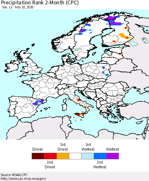 Europe Precipitation Rank 2-Month (CPC) Thematic Map For 12/11/2019 - 2/10/2020
