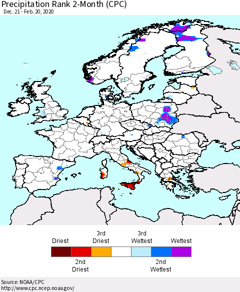 Europe Precipitation Rank since 1981, 2-Month (CPC) Thematic Map For 12/21/2019 - 2/20/2020