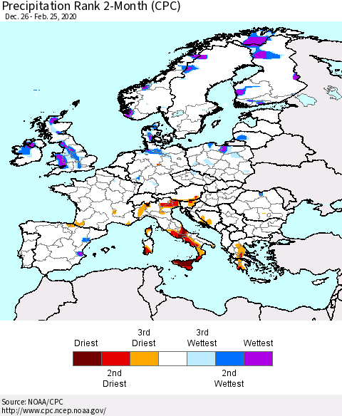 Europe Precipitation Rank since 1981, 2-Month (CPC) Thematic Map For 12/26/2019 - 2/25/2020