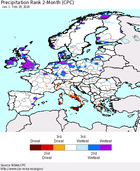Europe Precipitation Rank since 1981, 2-Month (CPC) Thematic Map For 1/1/2020 - 2/29/2020