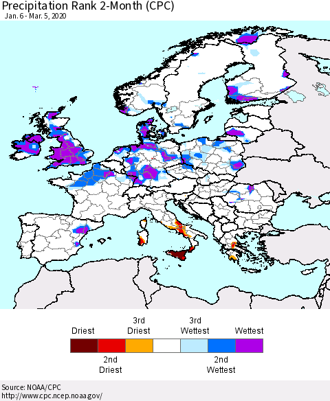 Europe Precipitation Rank 2-Month (CPC) Thematic Map For 1/6/2020 - 3/5/2020