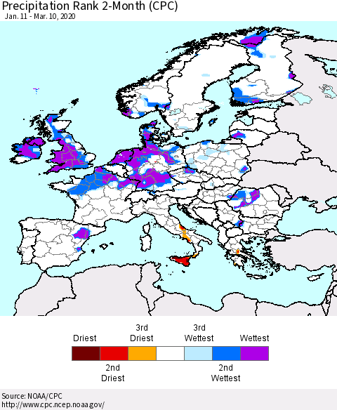Europe Precipitation Rank 2-Month (CPC) Thematic Map For 1/11/2020 - 3/10/2020