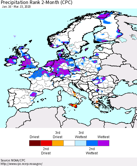 Europe Precipitation Rank 2-Month (CPC) Thematic Map For 1/16/2020 - 3/15/2020