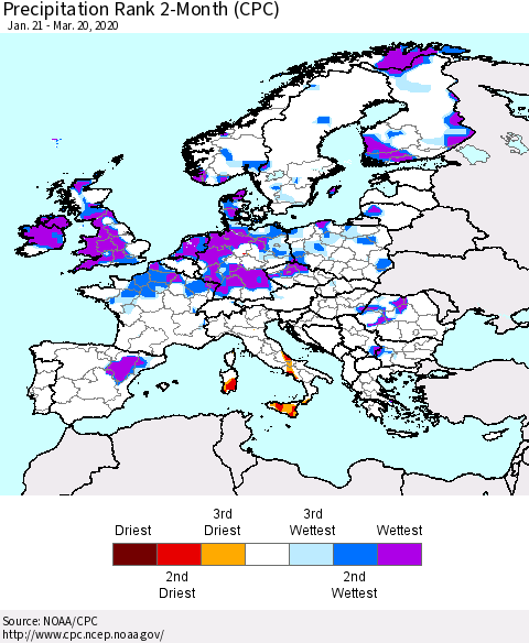 Europe Precipitation Rank 2-Month (CPC) Thematic Map For 1/21/2020 - 3/20/2020
