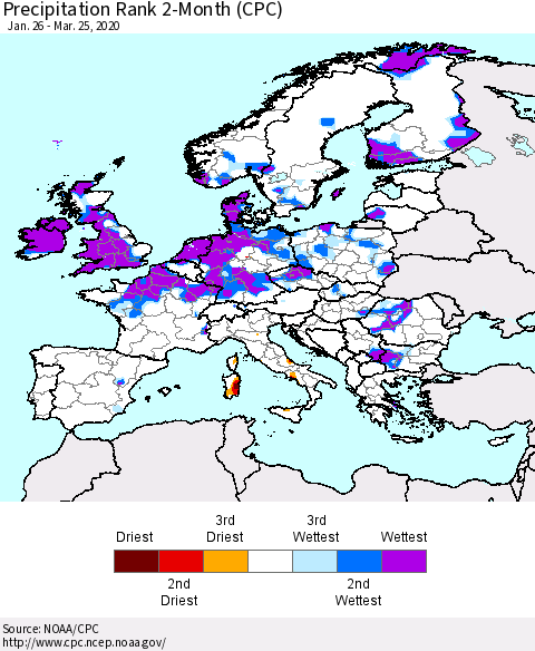Europe Precipitation Rank since 1981, 2-Month (CPC) Thematic Map For 1/26/2020 - 3/25/2020