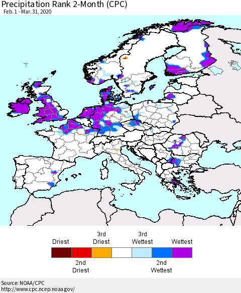 Europe Precipitation Rank since 1981, 2-Month (CPC) Thematic Map For 2/1/2020 - 3/31/2020