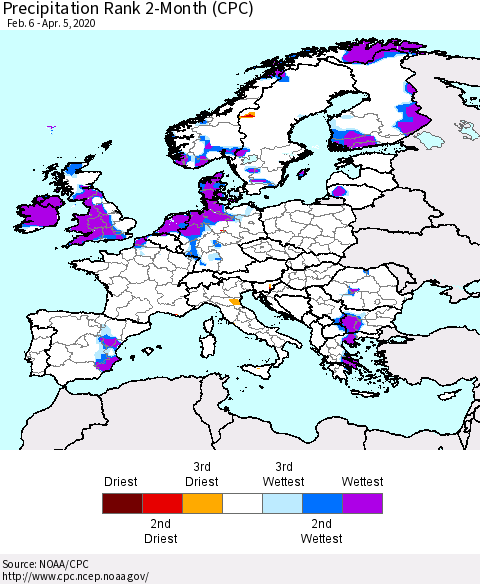 Europe Precipitation Rank 2-Month (CPC) Thematic Map For 2/6/2020 - 4/5/2020