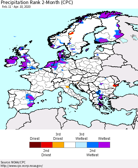 Europe Precipitation Rank 2-Month (CPC) Thematic Map For 2/11/2020 - 4/10/2020