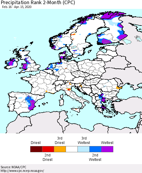 Europe Precipitation Rank since 1981, 2-Month (CPC) Thematic Map For 2/16/2020 - 4/15/2020