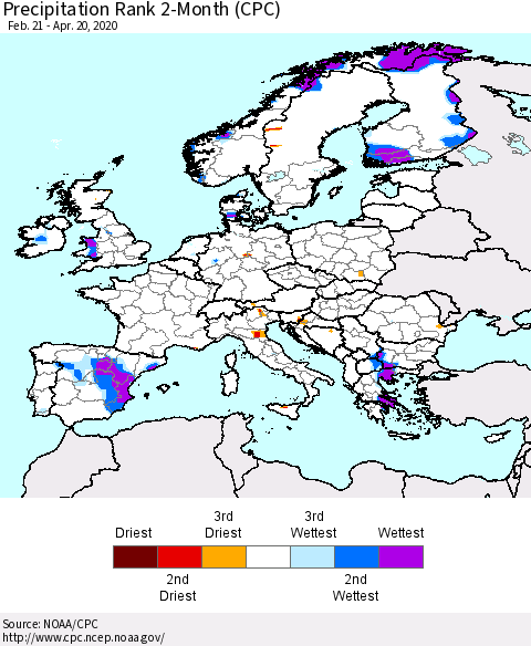 Europe Precipitation Rank 2-Month (CPC) Thematic Map For 2/21/2020 - 4/20/2020