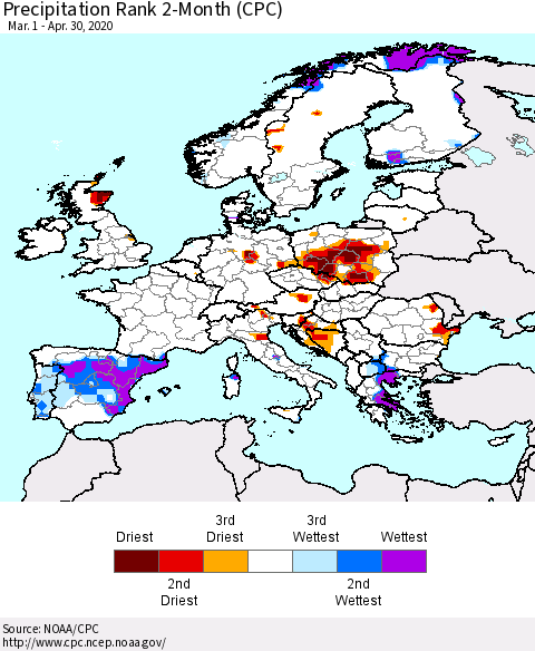 Europe Precipitation Rank 2-Month (CPC) Thematic Map For 3/1/2020 - 4/30/2020