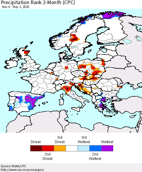 Europe Precipitation Rank since 1981, 2-Month (CPC) Thematic Map For 3/6/2020 - 5/5/2020