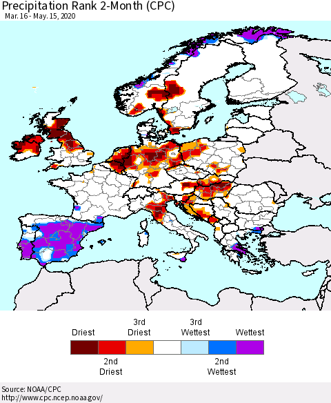 Europe Precipitation Rank 2-Month (CPC) Thematic Map For 3/16/2020 - 5/15/2020