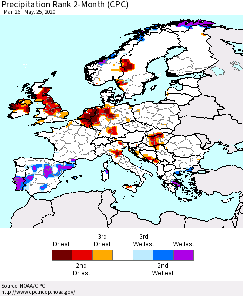 Europe Precipitation Rank 2-Month (CPC) Thematic Map For 3/26/2020 - 5/25/2020