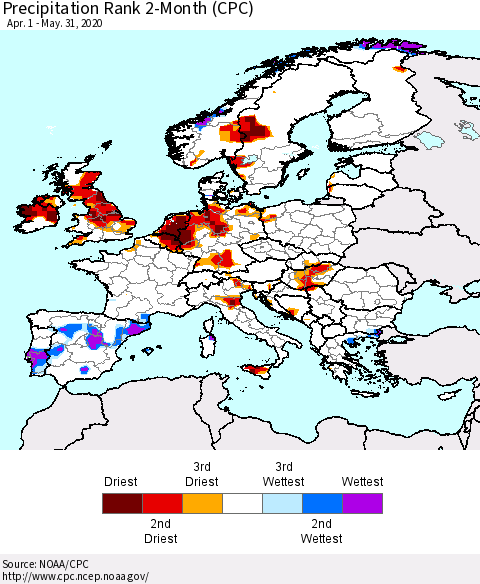 Europe Precipitation Rank since 1981, 2-Month (CPC) Thematic Map For 4/1/2020 - 5/31/2020