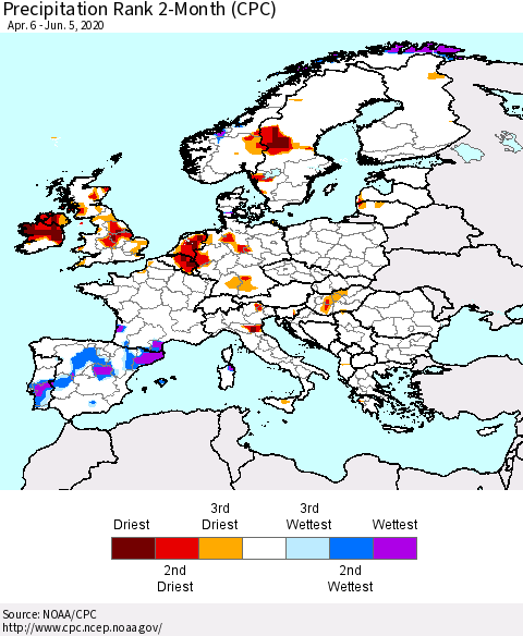 Europe Precipitation Rank 2-Month (CPC) Thematic Map For 4/6/2020 - 6/5/2020