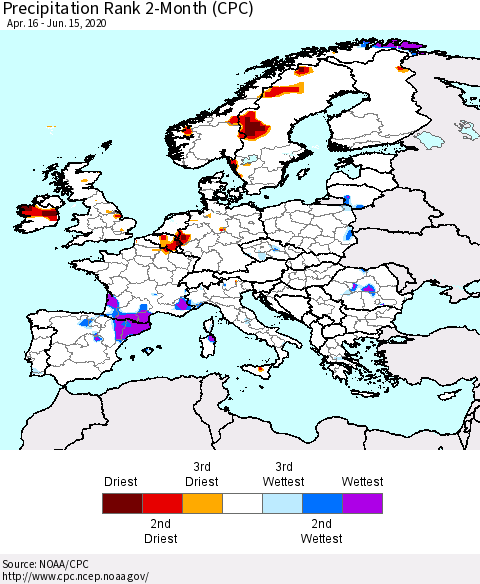 Europe Precipitation Rank 2-Month (CPC) Thematic Map For 4/16/2020 - 6/15/2020